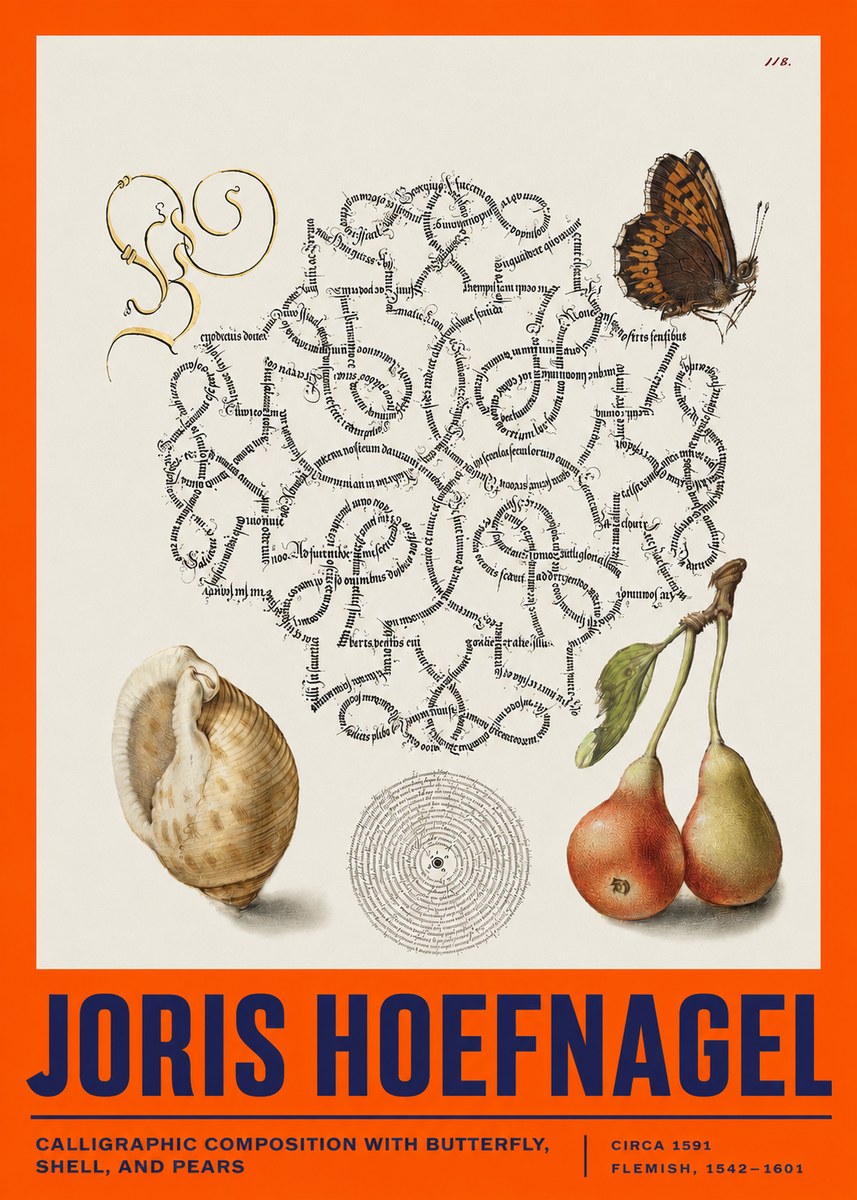 Joris Hoefnagel Calligraphic Composition with Butterfly, Shell, and Pears No2 - Plakat