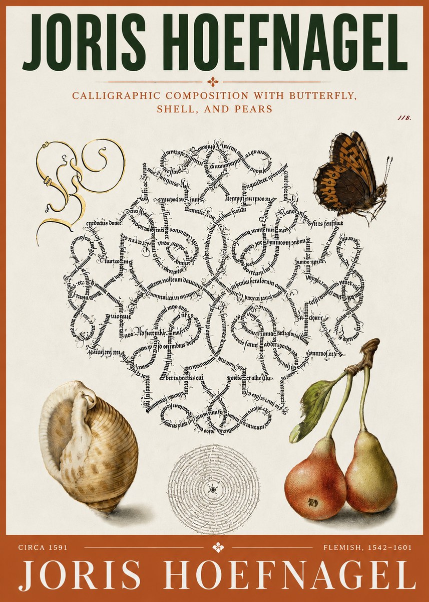 Joris Hoefnagel Calligraphic Composition with Butterfly, Shell, and Pears No5 - Plakat