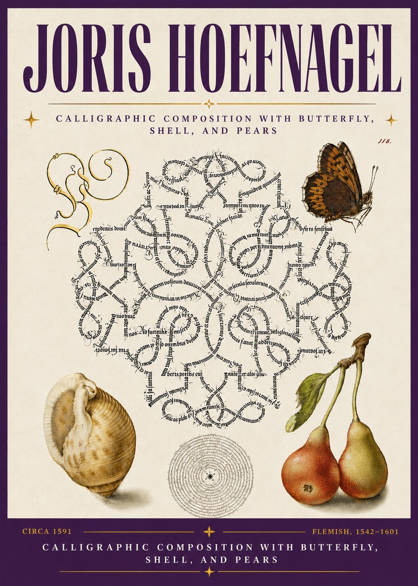 Joris Hoefnagel Calligraphic Composition with Butterfly, Shell, and Pears No6 - Plakat
