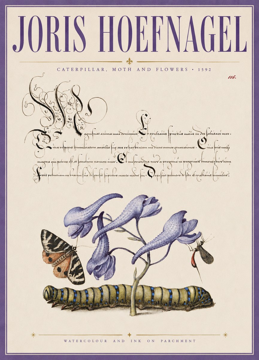 Joris Hoefnagel Caterpillar, Moth and Flowers No3 - Plakat