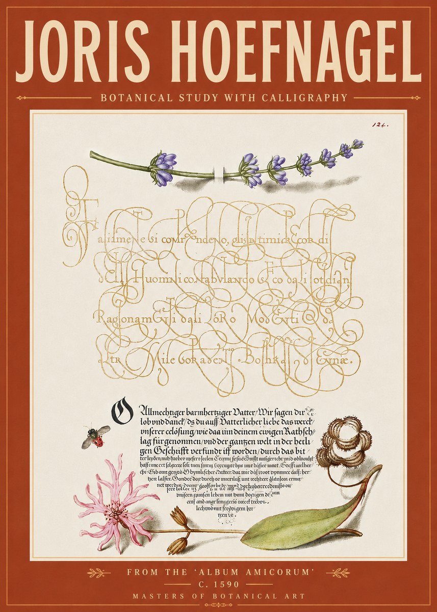 Joris Hoefnagel Botanical Study with Calligraphy IV No6 - Plakat