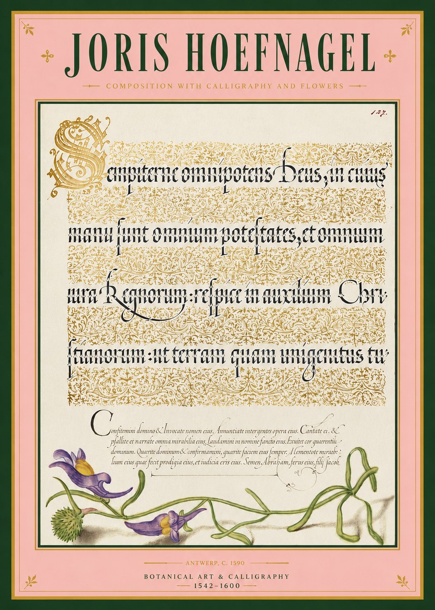 Joris Hoefnagel Composition with Calligraphy and Flowers No3 - Plakat