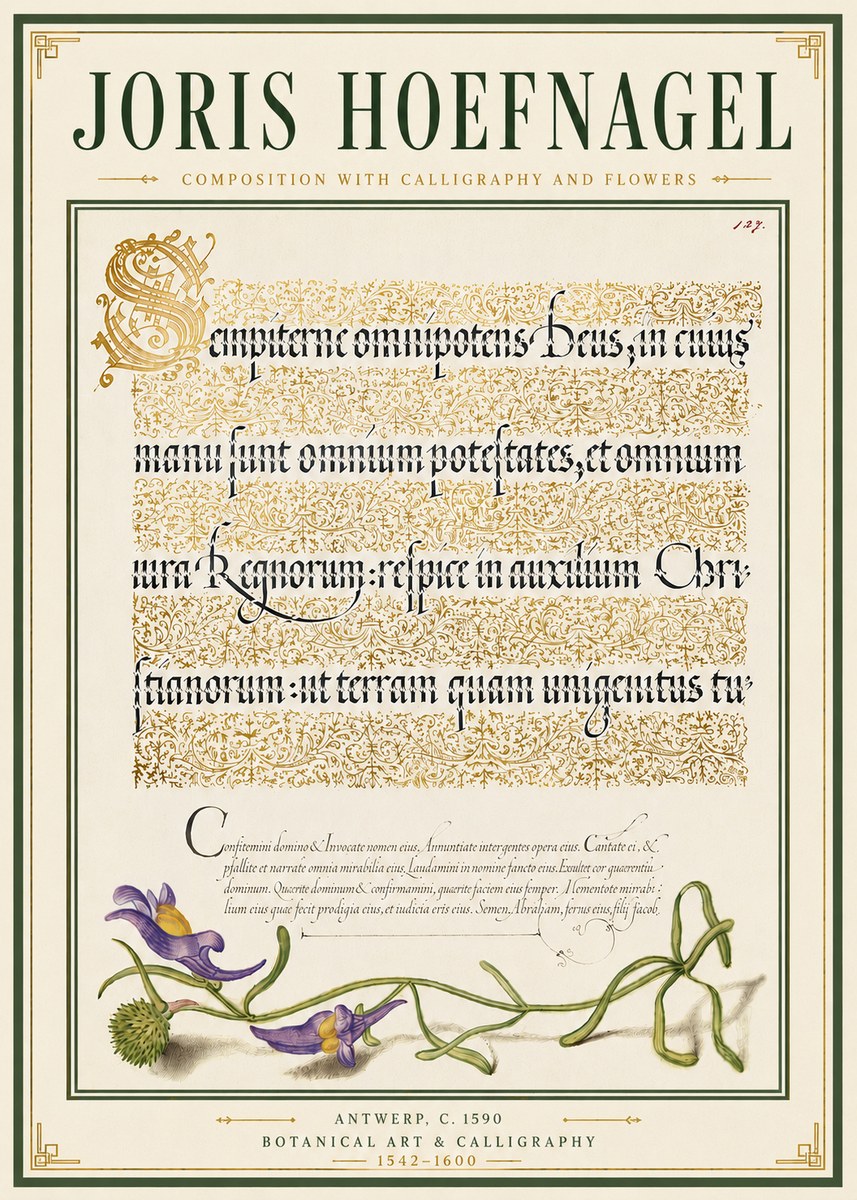Joris Hoefnagel Composition with Calligraphy and Flowers No6 - Plakat