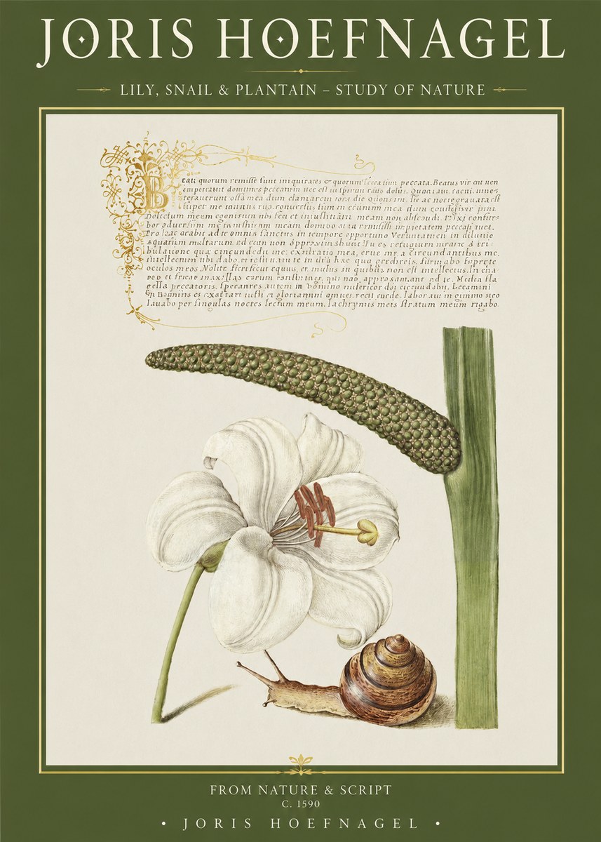 Joris Hoefnagel Lily, Snail & Plantain - Study of Nature No1 - Plakat
