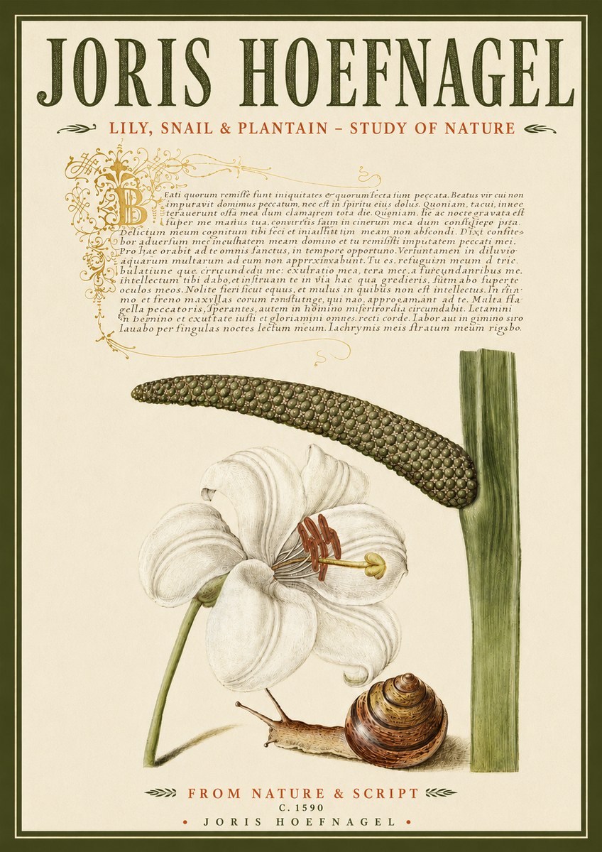 Joris Hoefnagel Lily, Snail & Plantain - Study of Nature No4 - Plakat