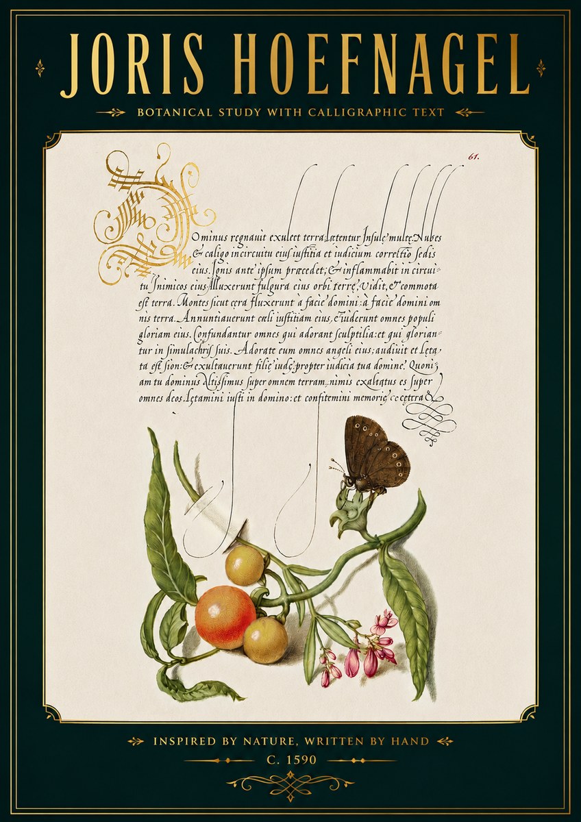 Joris Hoefnagel Botanical Study with Calligraphic Text No5 - Plakat