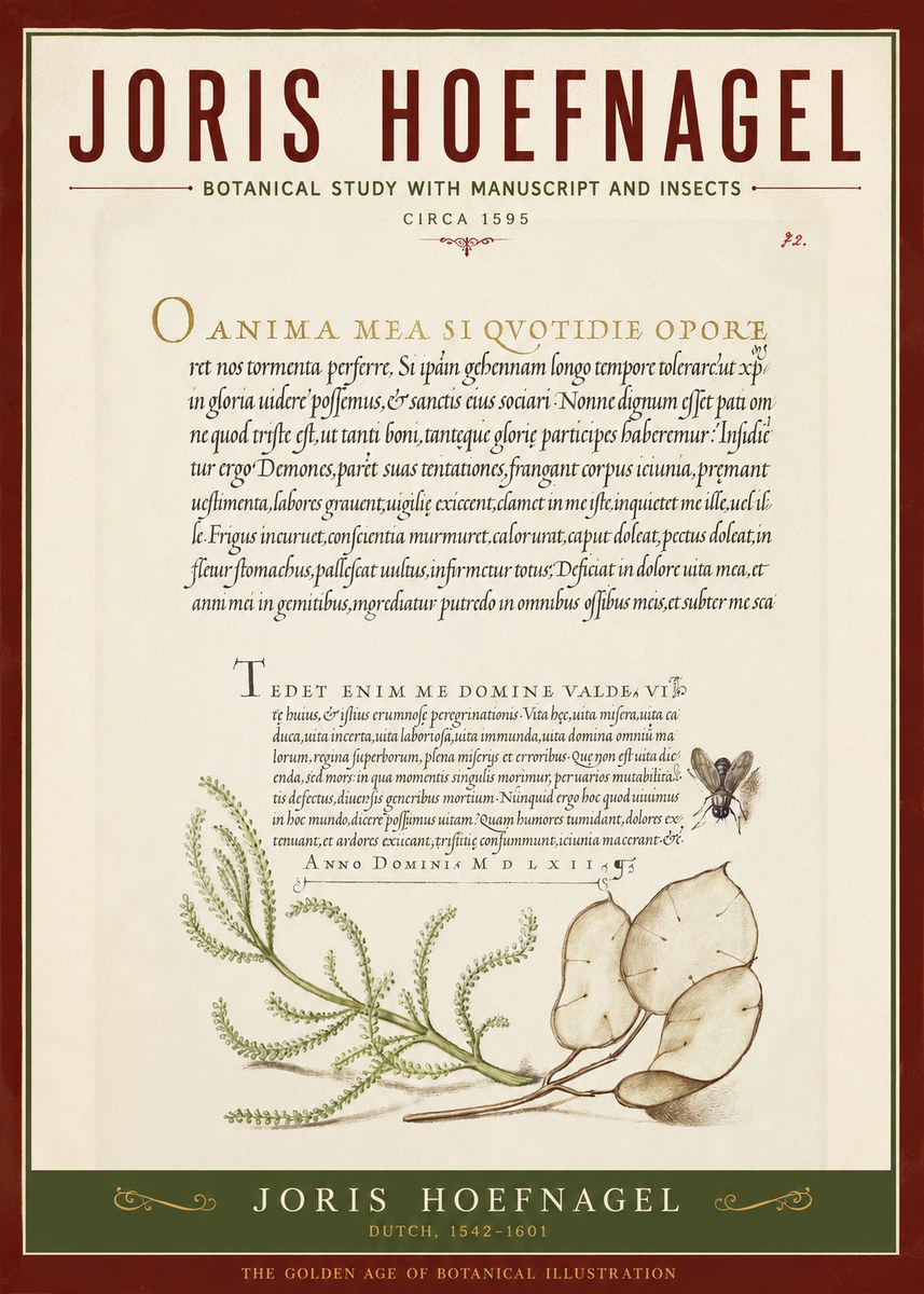 Joris Hoefnagel Botanical Study with Manuscript and Insects No2 - Plakat