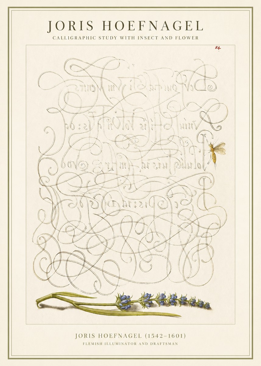 Joris Hoefnagel Calligraphic Study with Insect and Flower No1 - Plakat
