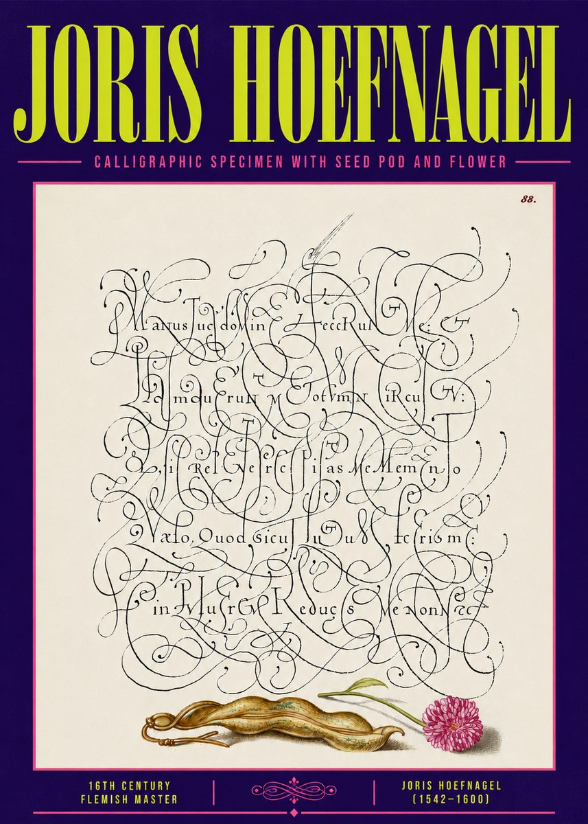 Joris Hoefnagel Calligraphic Specimen with Seed Pod and Flower No6 - Plakat