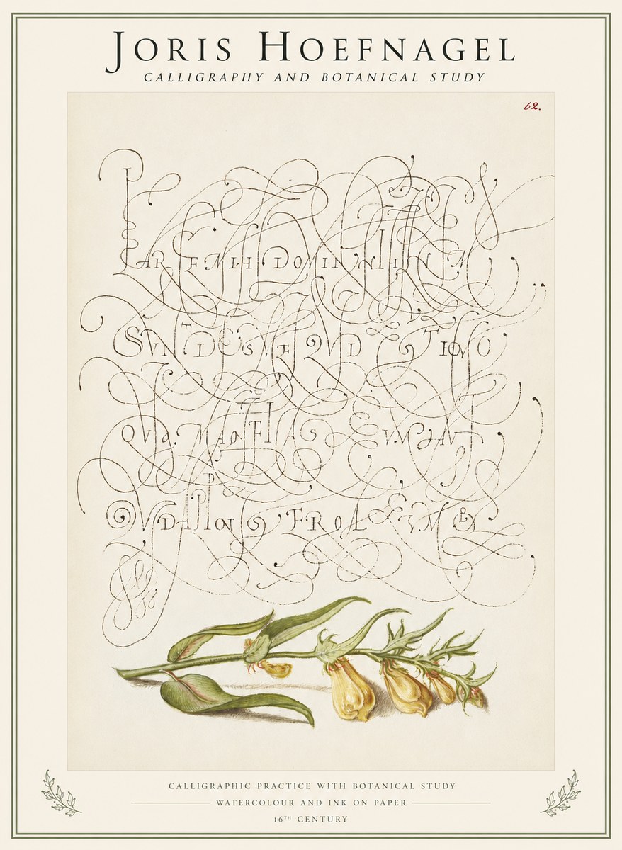 Joris Hoefnagel Calligraphic Practice with Botanical Study No1 - Plakat