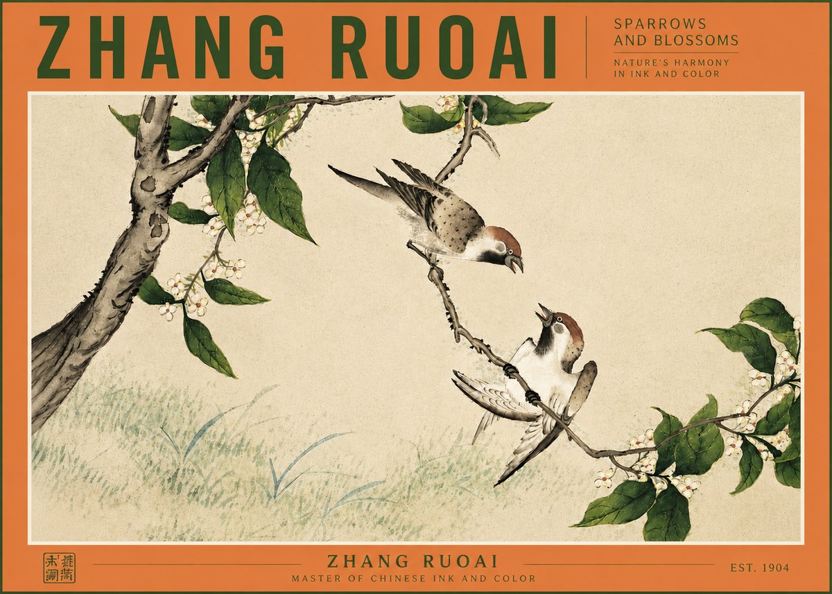 Zhang Ruoai Sparrows and Blossoms No3 - Plakat