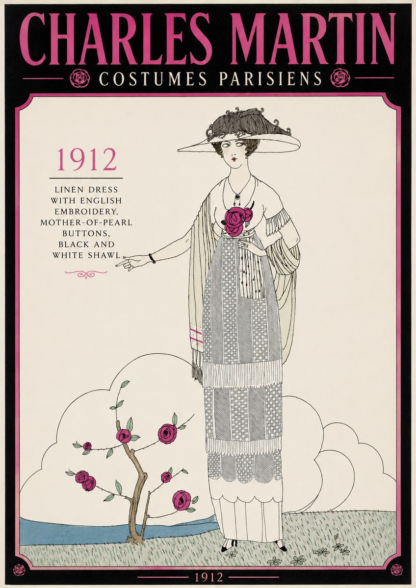 Charles Martin Linen Dress with English Embroidery, Mother-of-pearl Buttons, Black and White Shawl No3 - Plakat