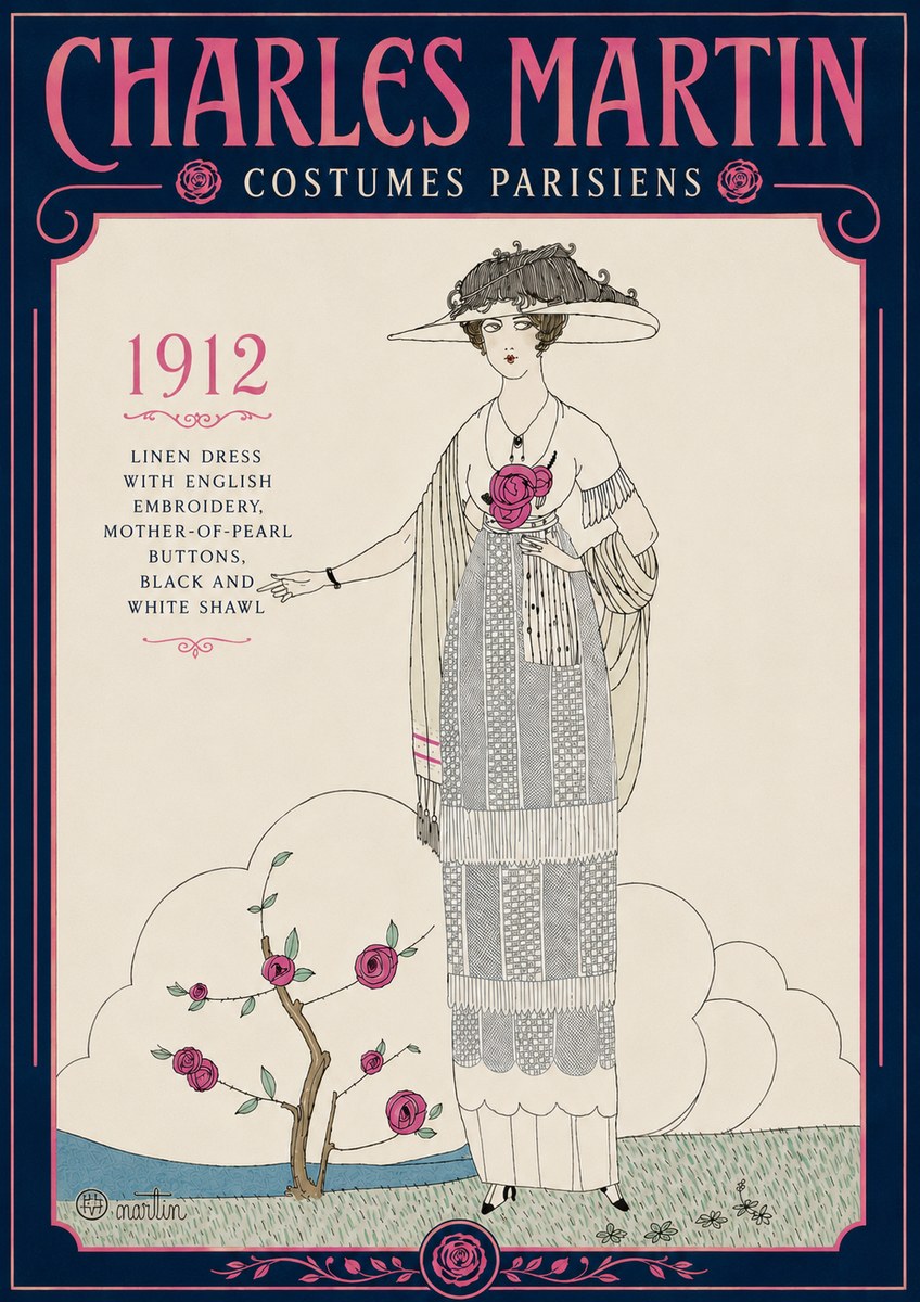 Charles Martin Linen Dress with English Embroidery, Mother-of-pearl Buttons, Black and White Shawl No5 - Plakat
