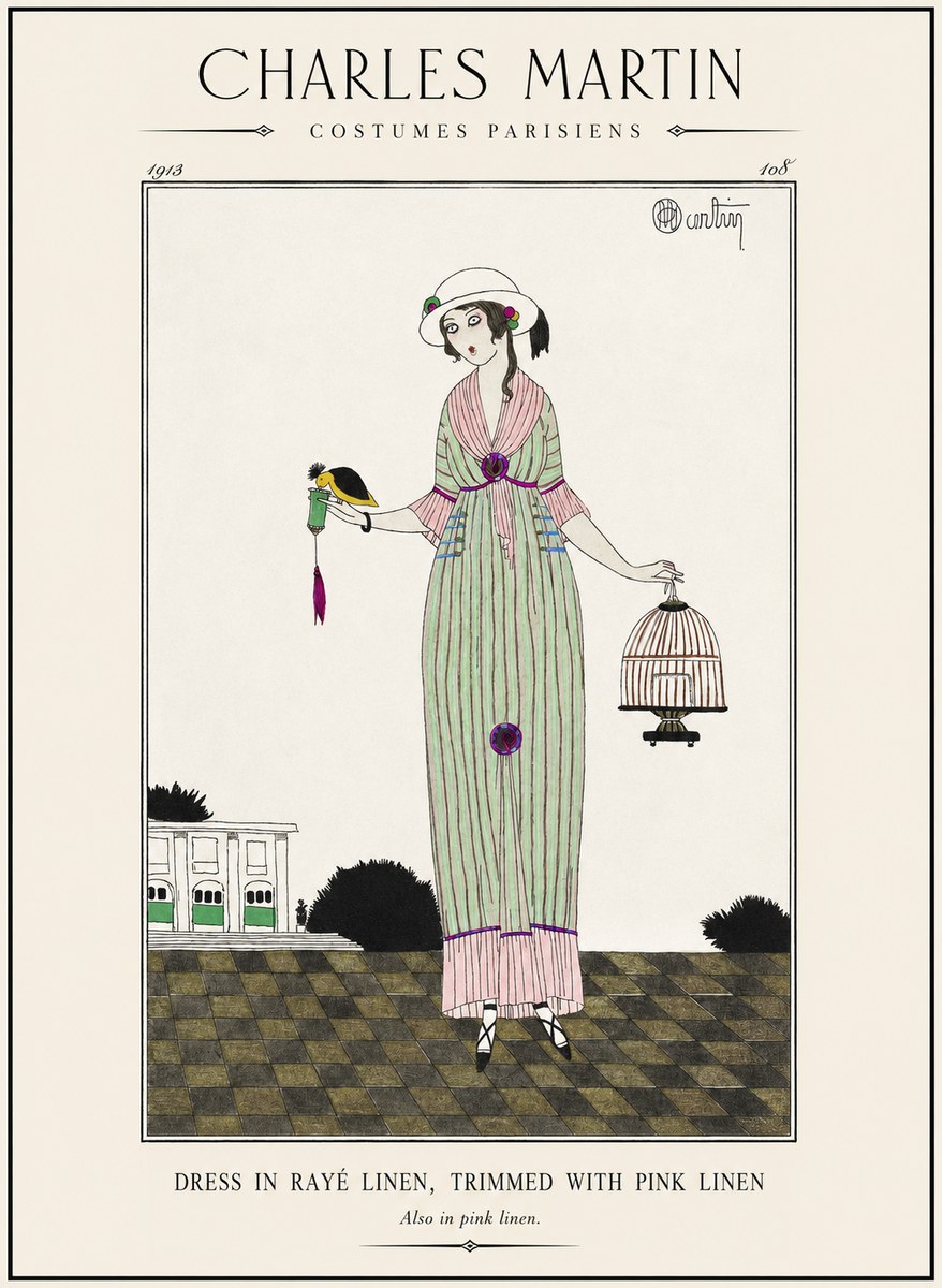 Charles Martin Dress in Rayé Linen, Trimmed with Pink Linen No1 - Plakat