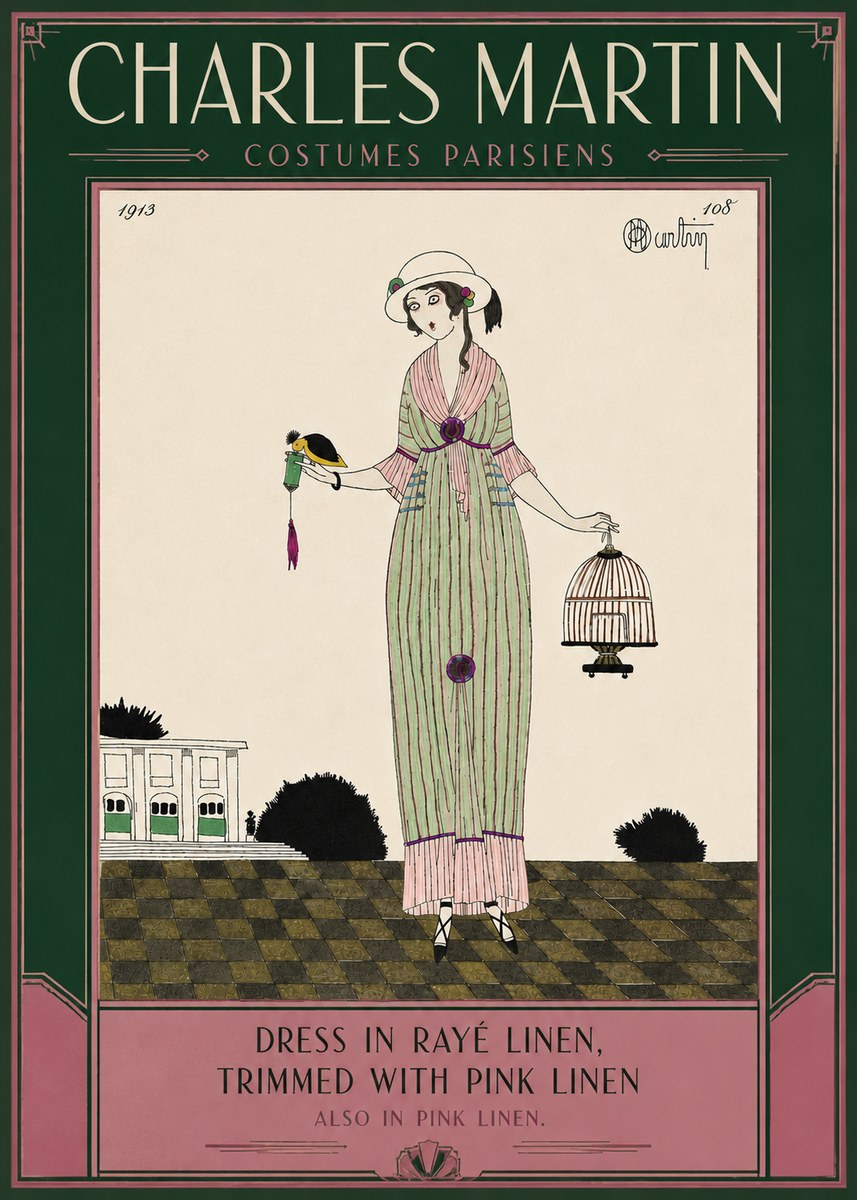 Charles Martin Dress in Rayé Linen, Trimmed with Pink Linen No6 - Plakat