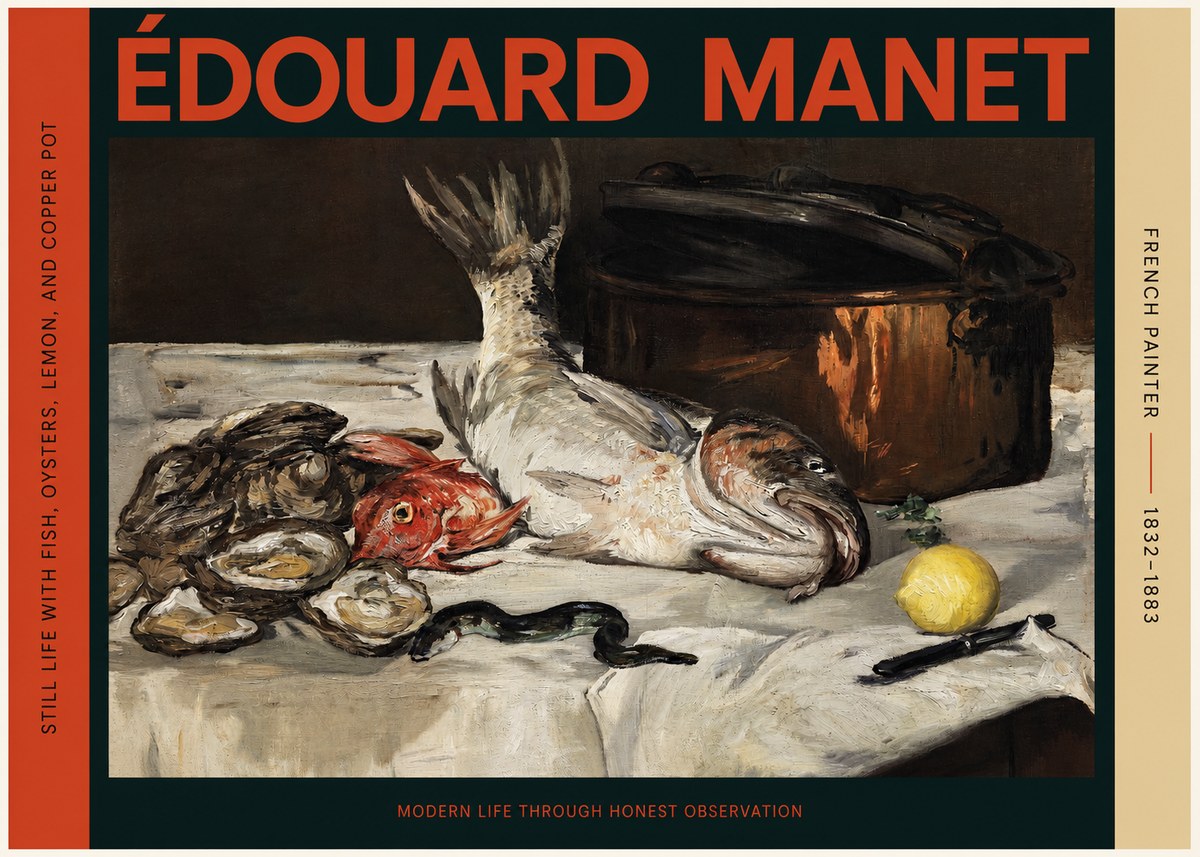 Édouard Manet Still Life with Fish, Oysters, Lemon, and Copper Pot No2 - Plakat