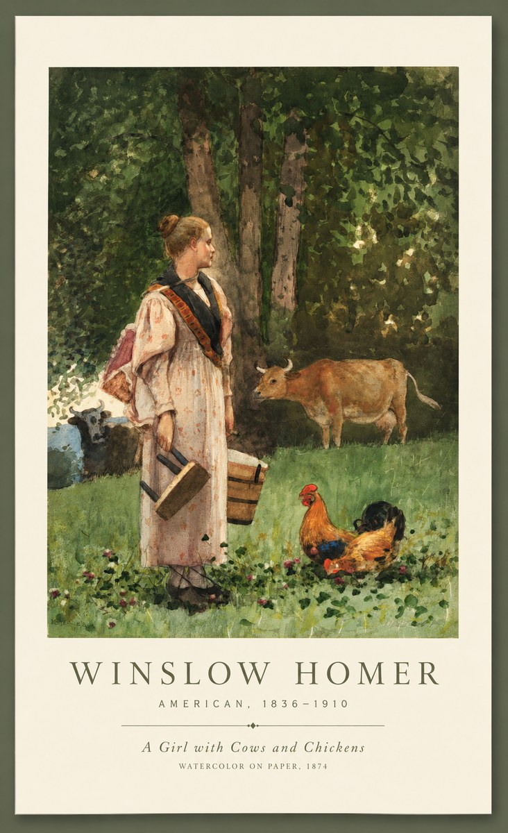 Winslow Homer A Girl with Cows and Chickens No1 - Plakat