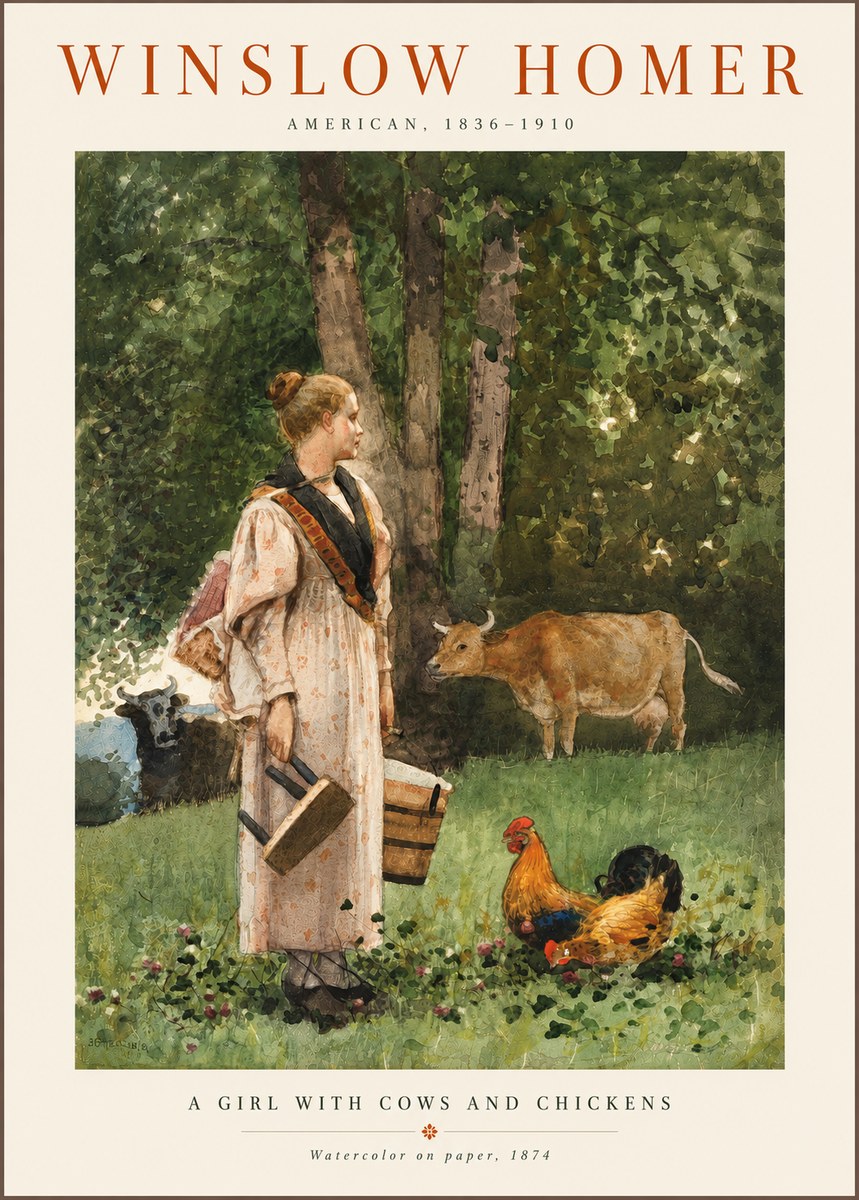 Winslow Homer A Girl with Cows and Chickens No6 - Plakat