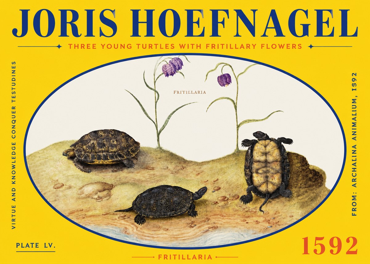 Joris Hoefnagel Three Young Turtles with Fritillary Flowers No2 - Plakat