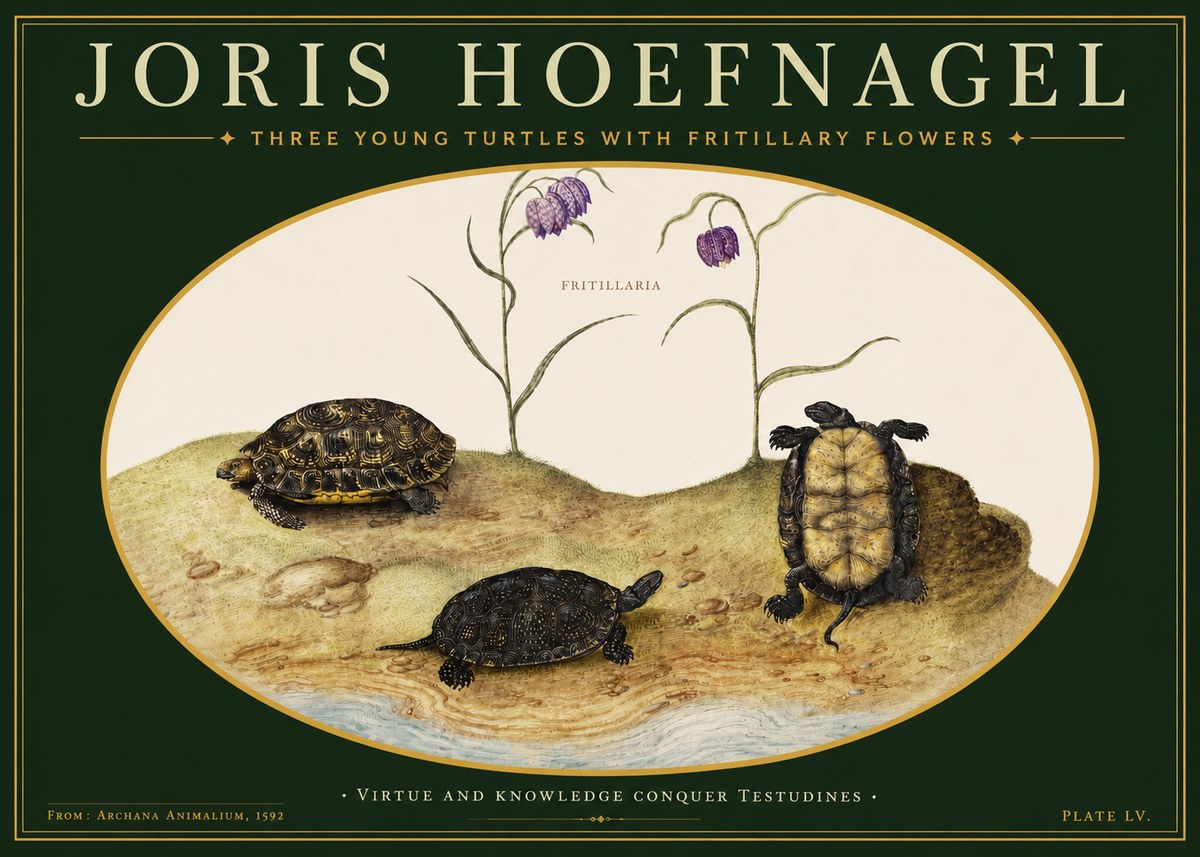 Joris Hoefnagel Three Young Turtles with Fritillary Flowers No3 - Plakat