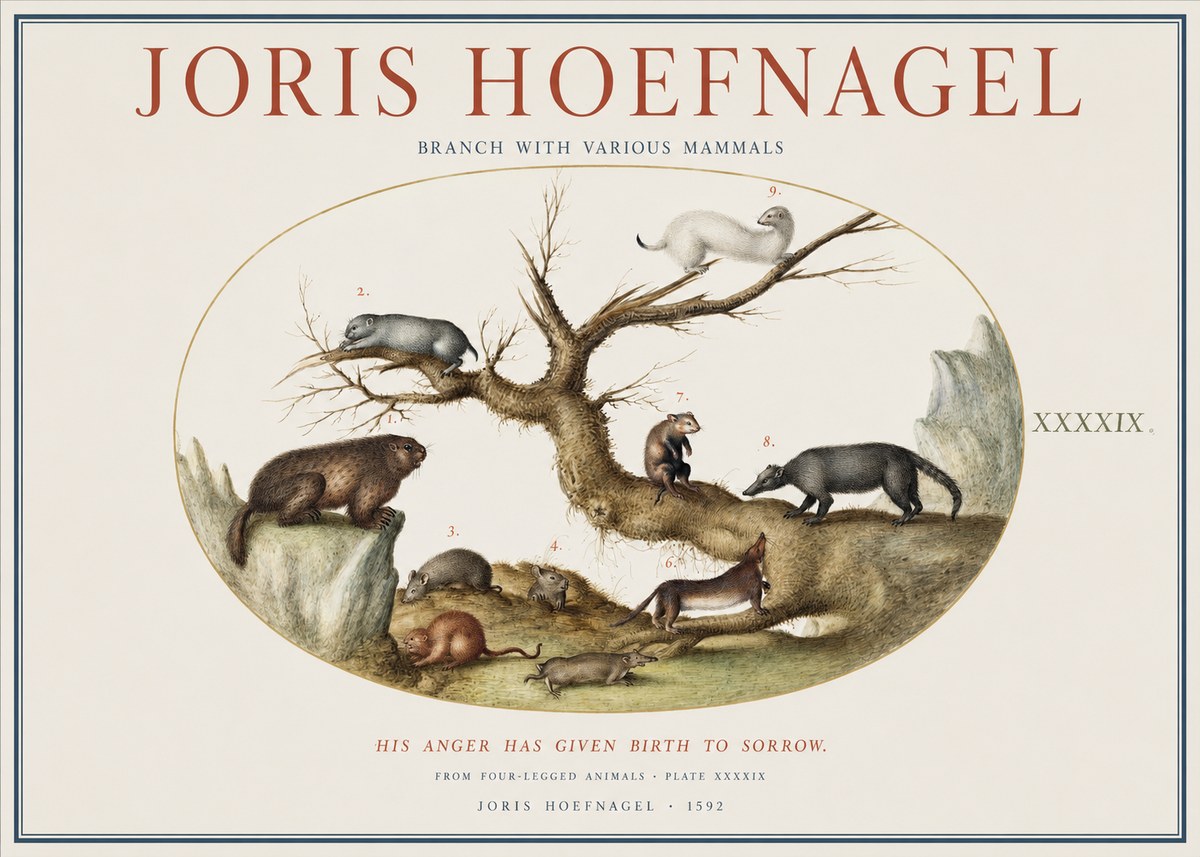 Joris Hoefnagel Branch with Various Mammals No1 - Plakat