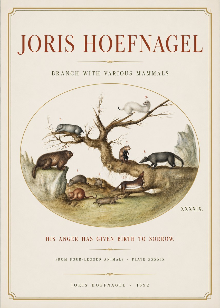 Joris Hoefnagel Branch with Various Mammals No3 - Plakat