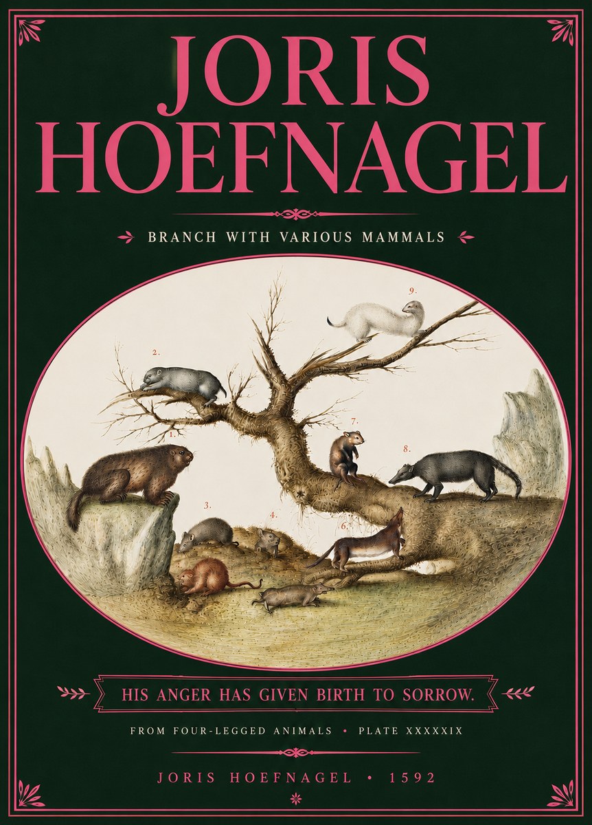 Joris Hoefnagel Branch with Various Mammals No6 - Plakat