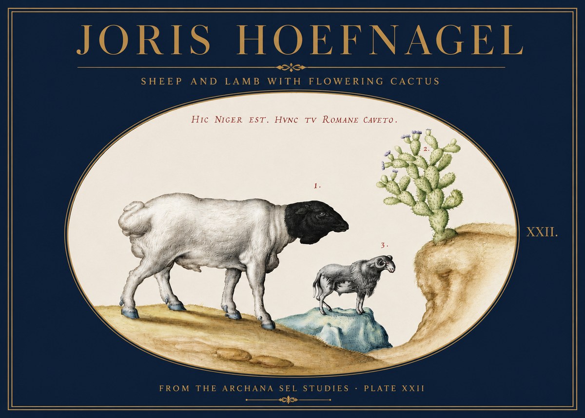 Joris Hoefnagel Sheep and Lamb with Flowering Cactus No3 - Plakat