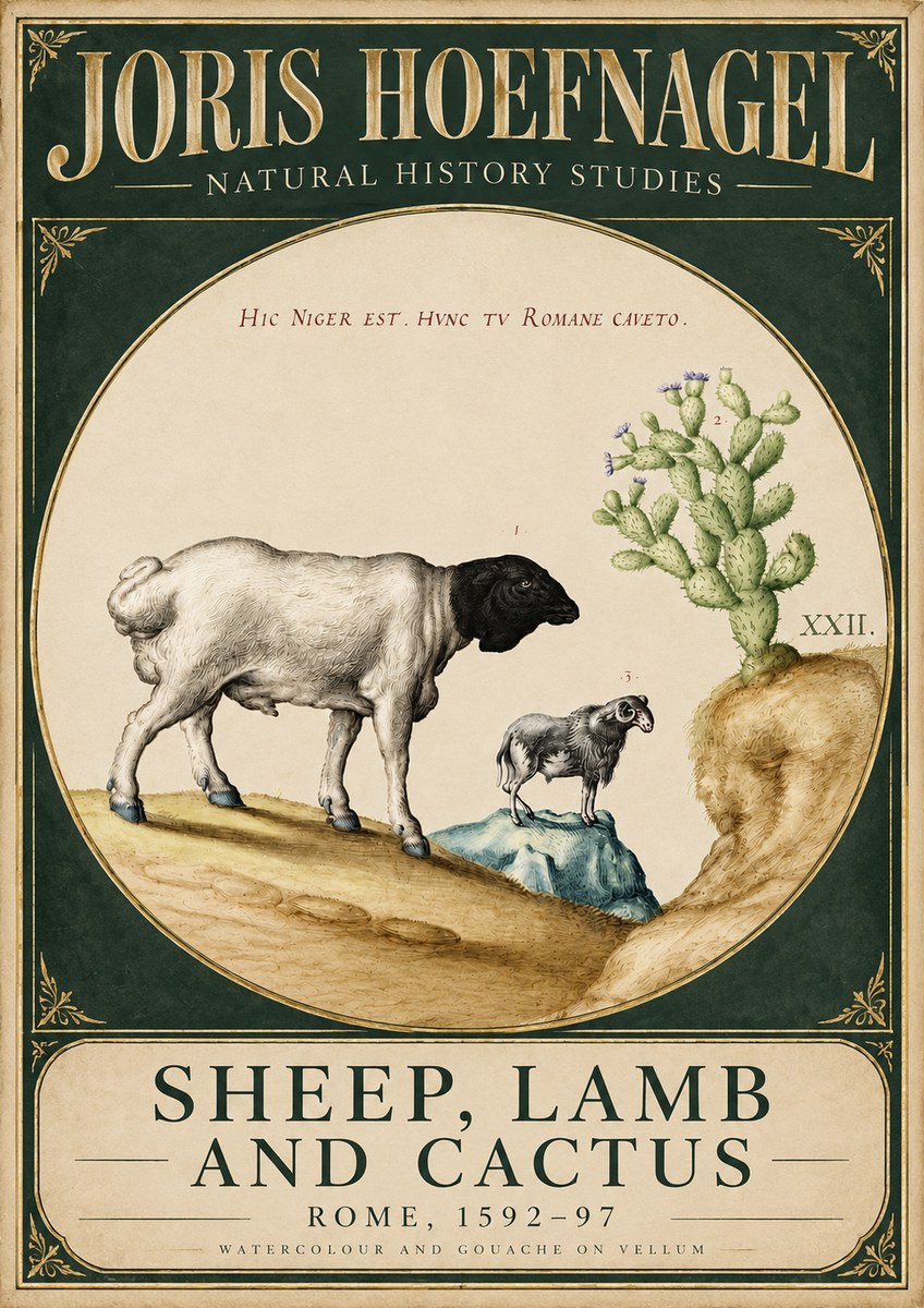 Joris Hoefnagel Sheep and Lamb with Flowering Cactus No6 - Plakat