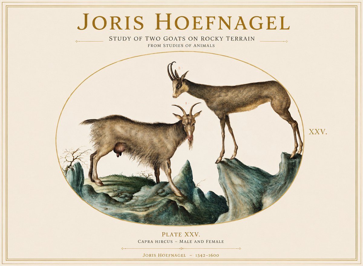 Joris Hoefnagel Study of Two Goats on Rocky Terrain No1 - Plakat