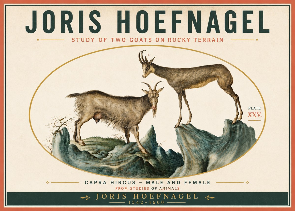 Joris Hoefnagel Study of Two Goats on Rocky Terrain No6 - Plakat