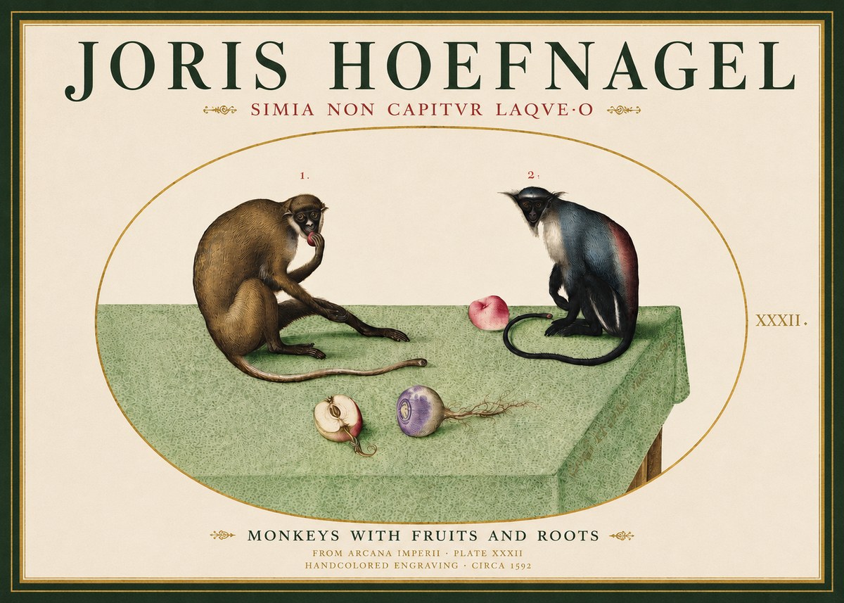 Joris Hoefnagel Monkeys with Fruits and Roots No3 - Plakat