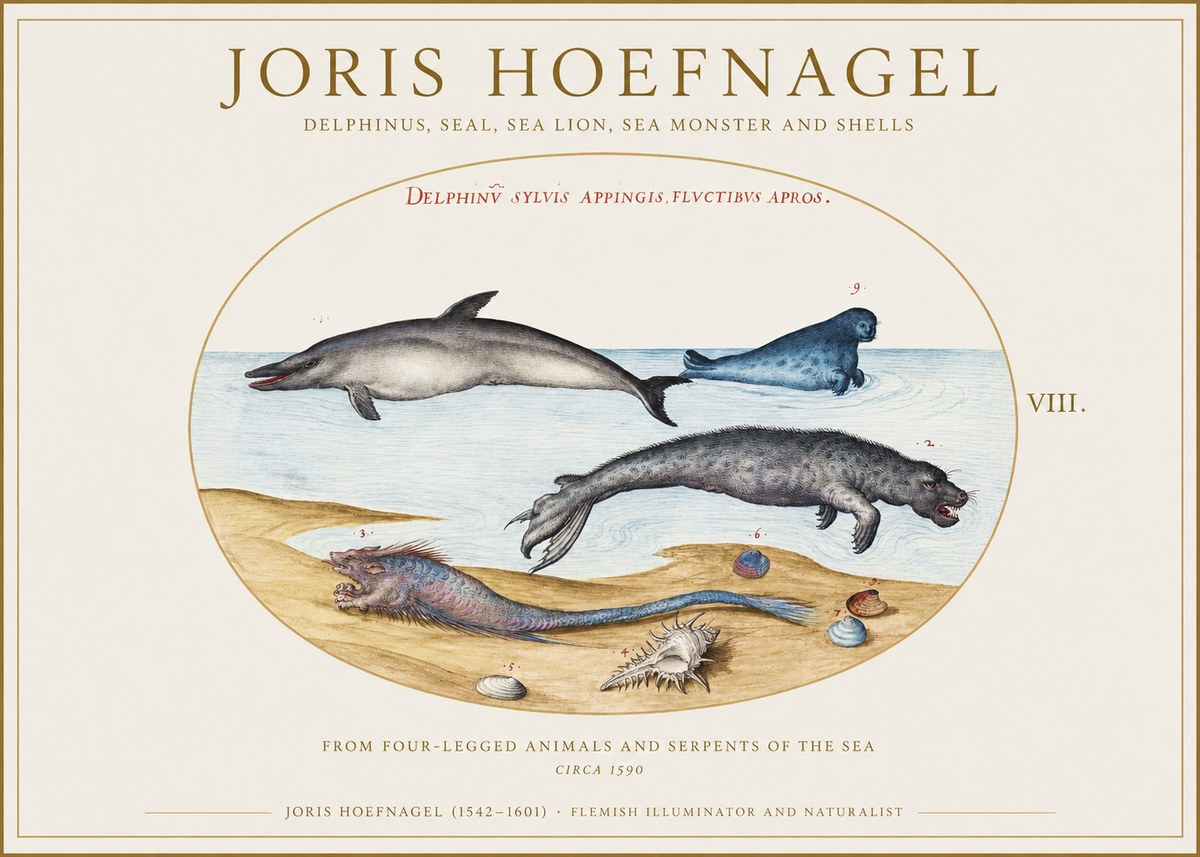 Joris Hoefnagel Delphinus, Seal, Sea Lion, Sea Monster and Shells No1 - Plakat