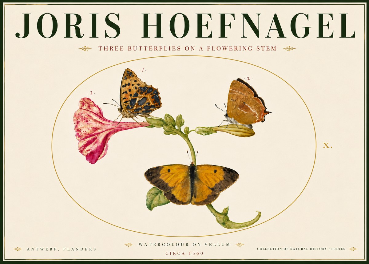 Joris Hoefnagel Three Butterflies on a Flowering Stem No6 - Plakat