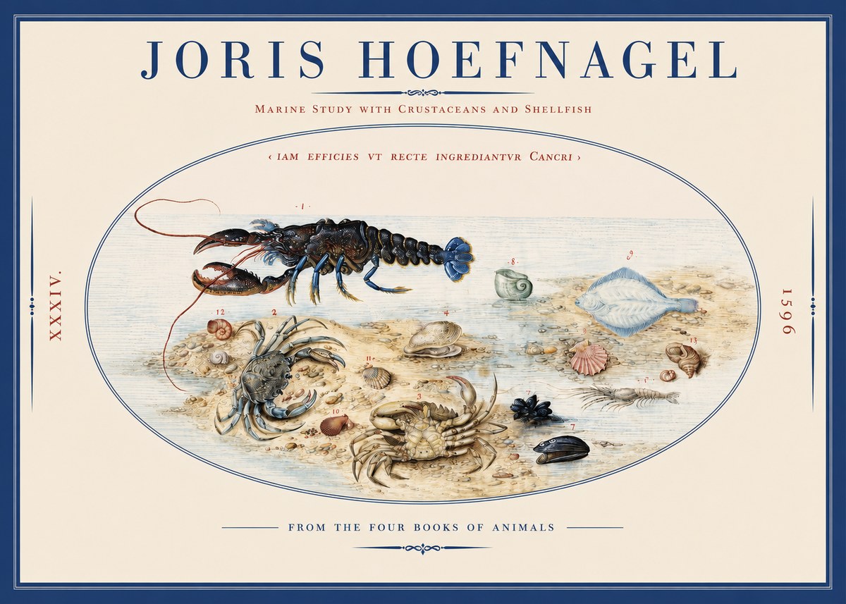 Joris Hoefnagel Marine Study with Crustaceans and Shellfish No2 - Plakat