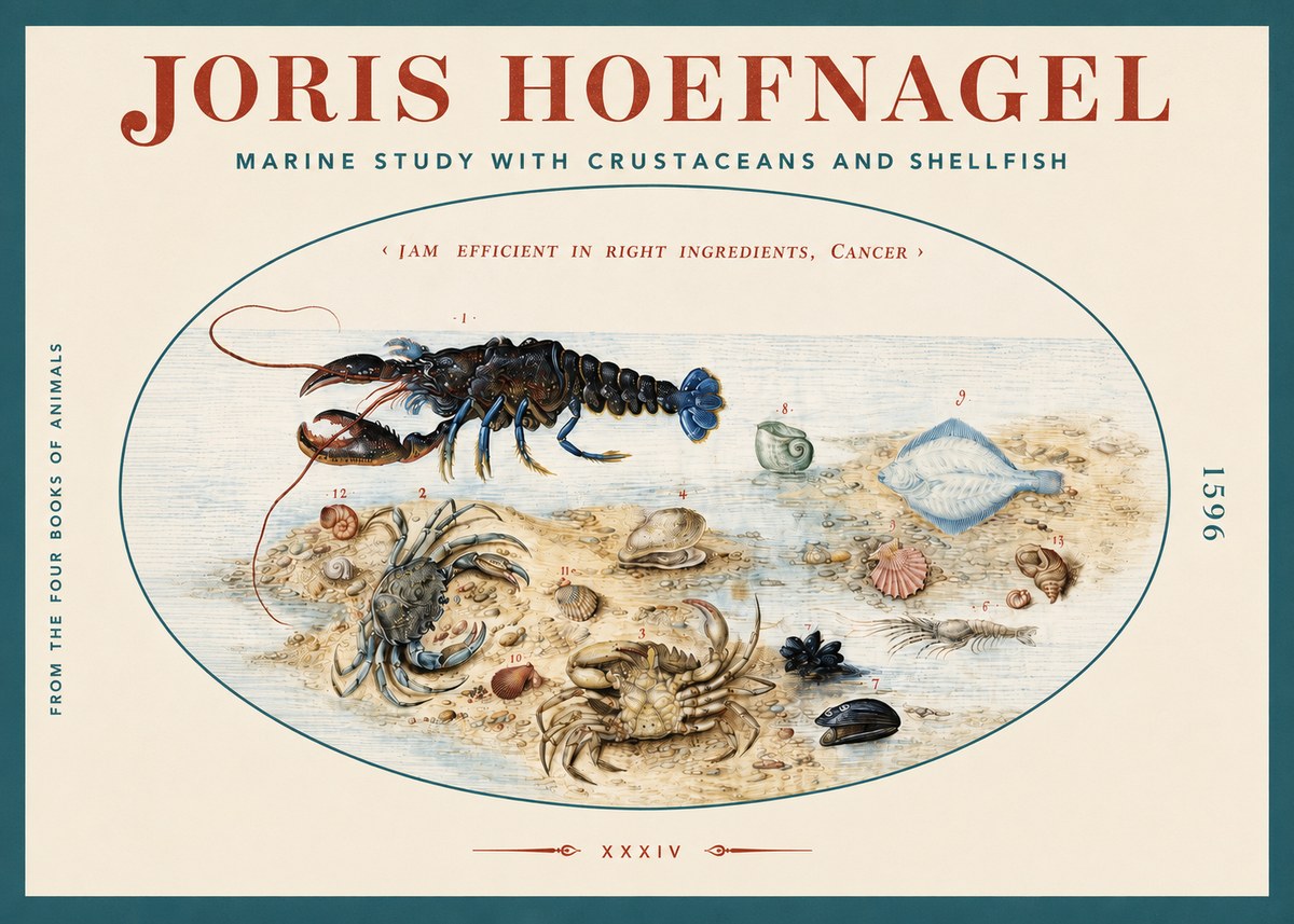 Joris Hoefnagel Marine Study with Crustaceans and Shellfish No3 - Plakat
