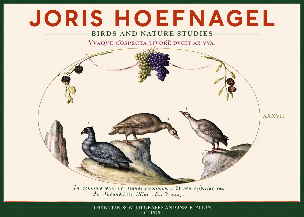 Joris Hoefnagel Three Birds with Grapes and Inscription No2 - Plakat