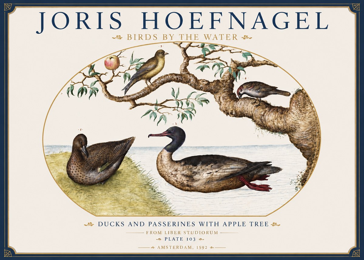 Joris Hoefnagel Ducks and Passerines with Apple Tree No3 - Plakat