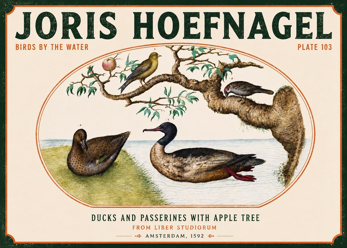 Joris Hoefnagel Ducks and Passerines with Apple Tree No4 - Plakat