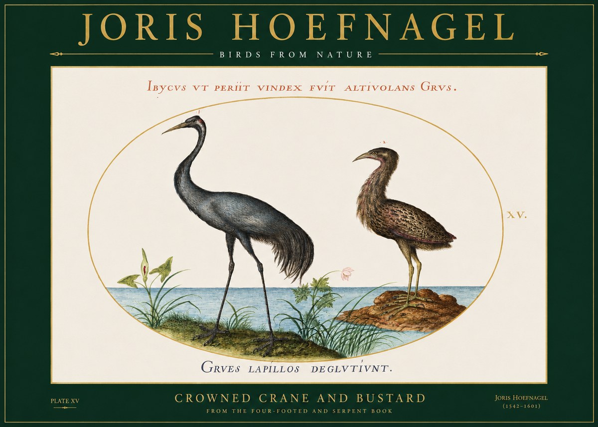 Joris Hoefnagel Crowned Crane and Bustard No2 - Plakat