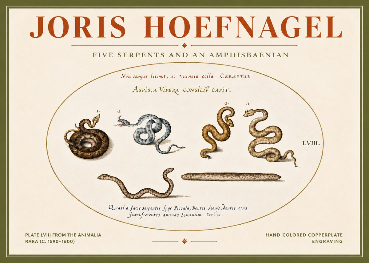Joris Hoefnagel Five Serpents and an Amphisbaenian No4 - Plakat
