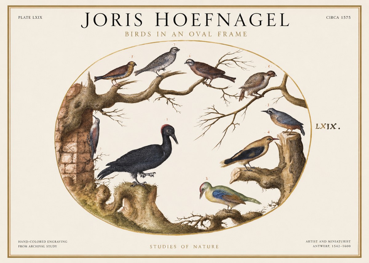 Joris Hoefnagel Birds in an Oval Frame No1 - Plakat