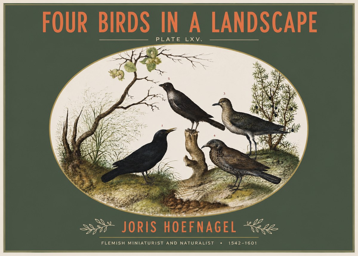 Joris Hoefnagel Four Birds in a Landscape No3 - Plakat