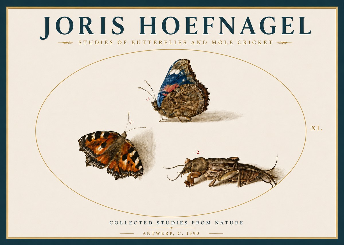 Joris Hoefnagel Studies of Butterflies and Mole Cricket No4 - Plakat