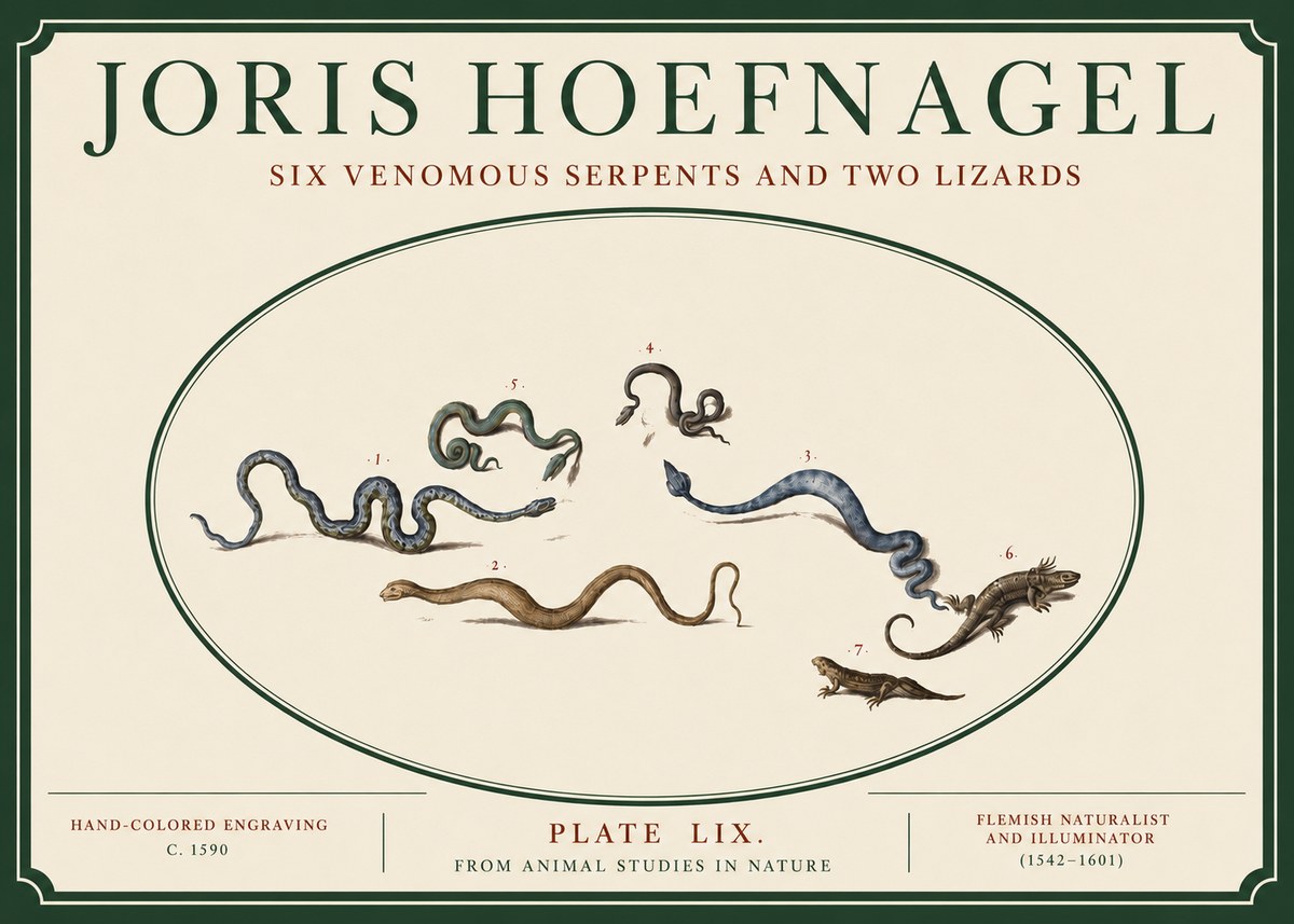 Joris Hoefnagel Six Venomous Serpents and Two Lizards No3 - Plakat