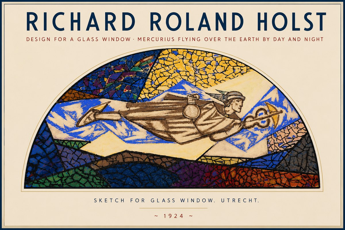 Richard Roland Holst Design for a Glass Window: Mercurius Flying over the Earth by Day and Night No4 - Plakat