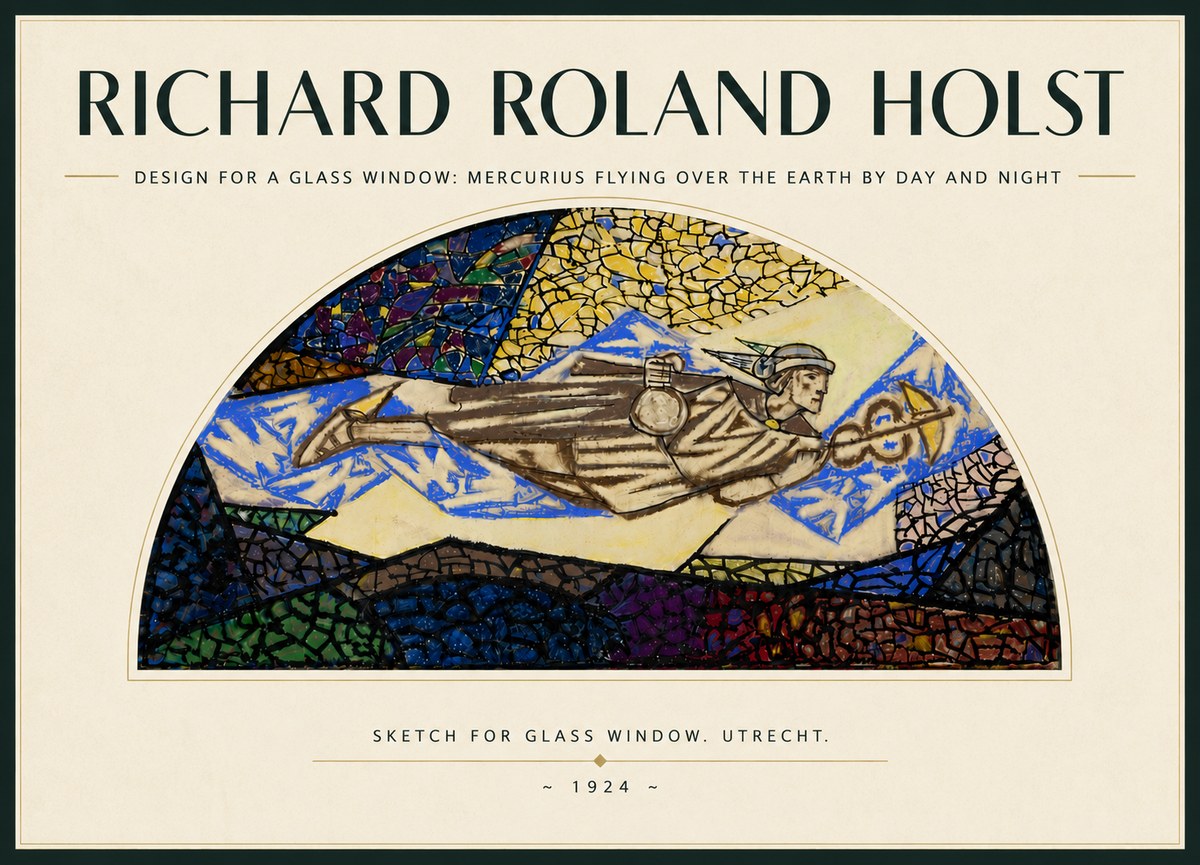 Richard Roland Holst Design for a Glass Window: Mercurius Flying over the Earth by Day and Night No6 - Plakat