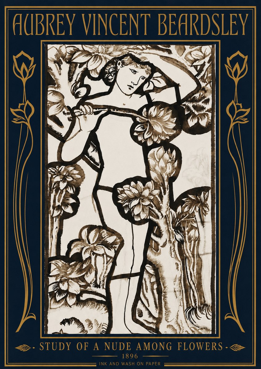 Aubrey Beardsley Study of a Nude Among Flowers No4 - Plakat