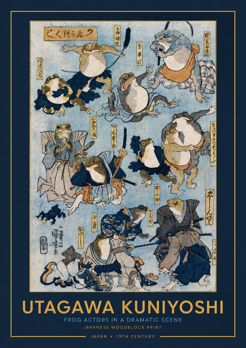 Utagawa Kuniyoshi Frog Actors in a Dramatic Scene No3 - Plakat