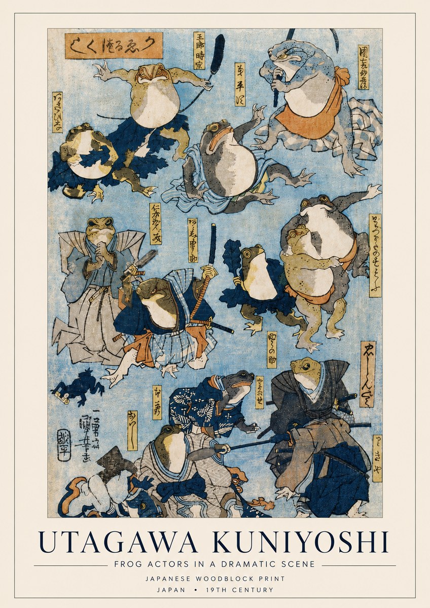 Utagawa Kuniyoshi Frog Actors in a Dramatic Scene No4 - Plakat